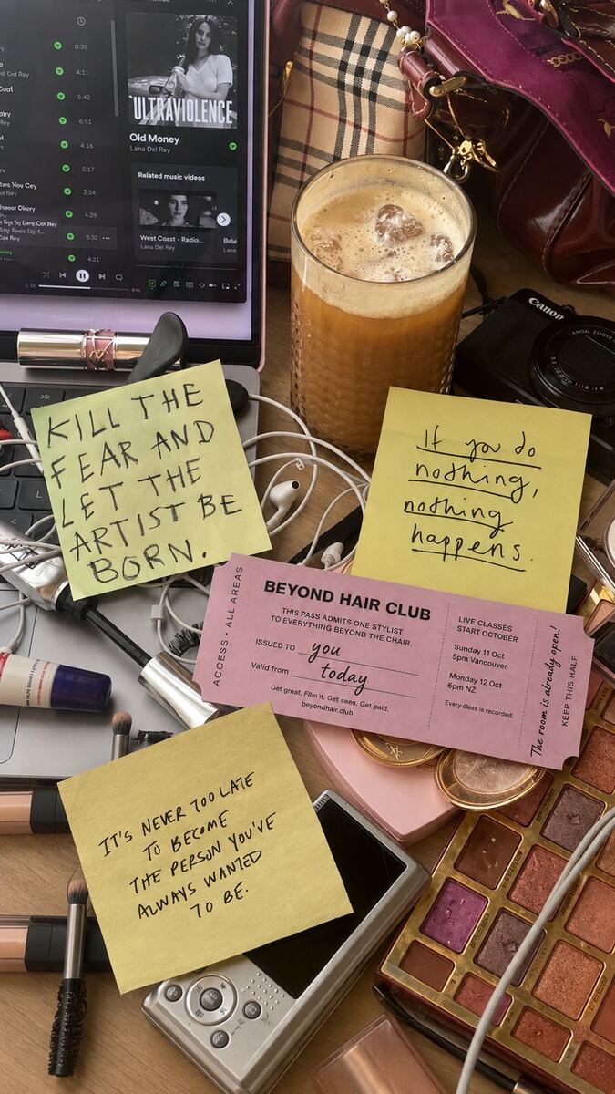 A desk with a Beyond Hair Club pass, notes and a camera
