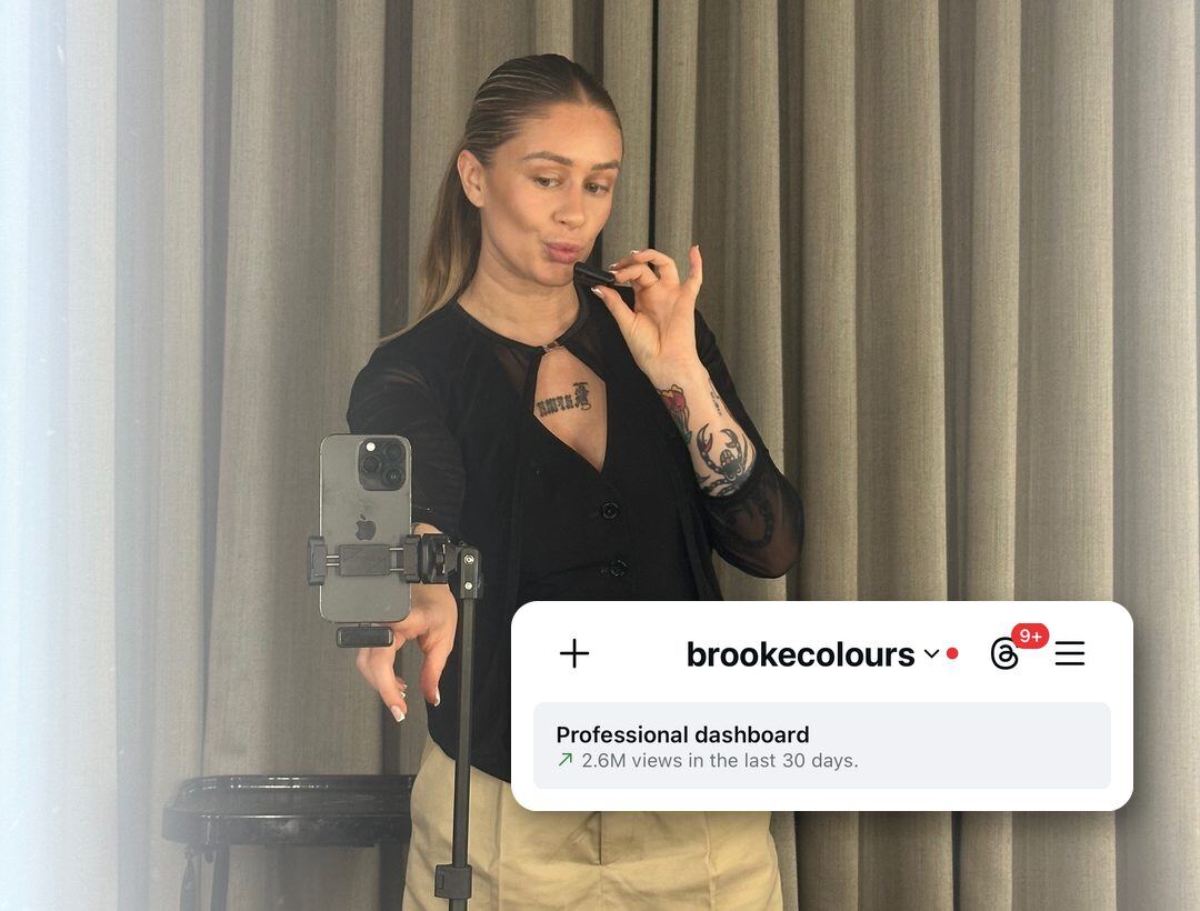 Brooke filming, with her Instagram professional dashboard showing 2.6 million views in the last 30 days